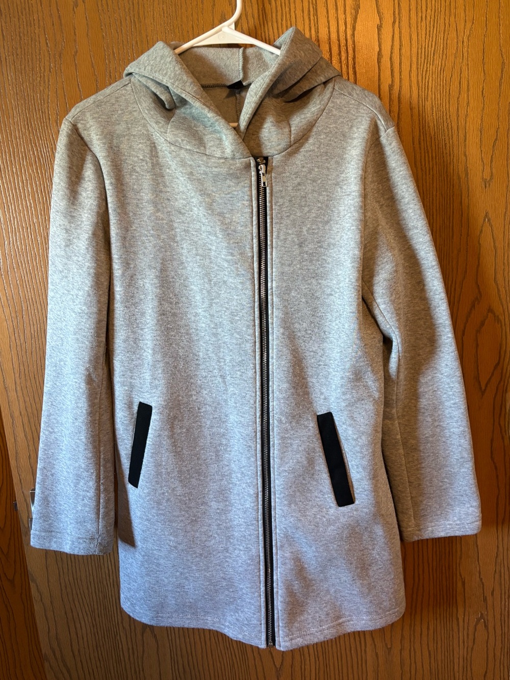 SHEIN Light Grey Hooded Zip Coat with Black Trim